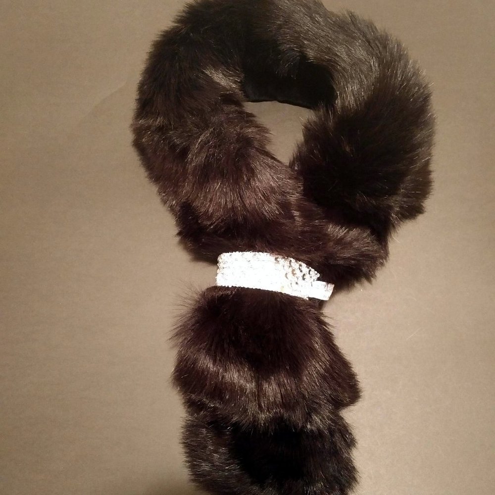 NEW Black Faux-Fur Scarf, Silver Sequin Clasp